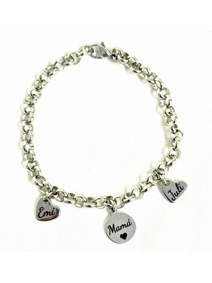 Pulsera Rolo con 1 Medalla y 2 Corazones