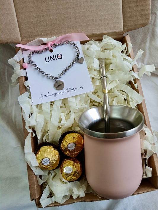 Caja Matera 🧉 - Mate de Acero y Bombilla de Alpaca con 1 Aplique + Pulsera Personalizada